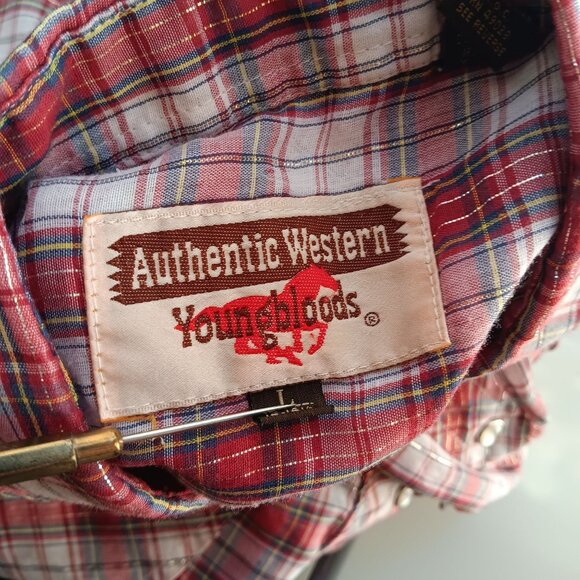 Vintage Men's Western Shirt Large 1980's Shiny Thread Red Plaid Buttery Thin Lg - Picture 4 of 8